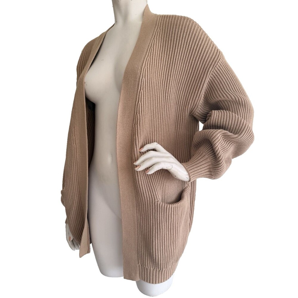 QUINCE Organic Cotton Cardigan Sweater Camel Brown Long Sleeve Oversized Size S